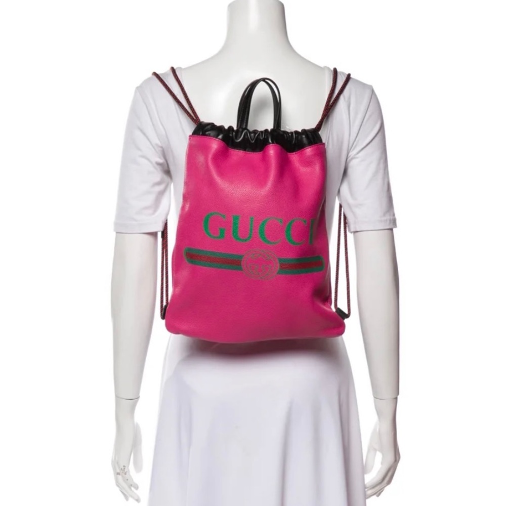 Gucci Pink Logo Print Leather Jawstring Backpack